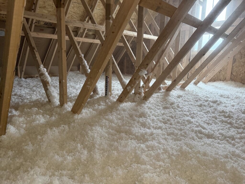 Attic trusses standing in deep, even blown fiberglass insulation